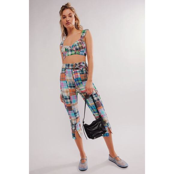 New FREE PEOPLE Keep Me Plaid Pants Set $248 SIZE 8 Patchwork MULTI MADRAS - Picture 1 of 8